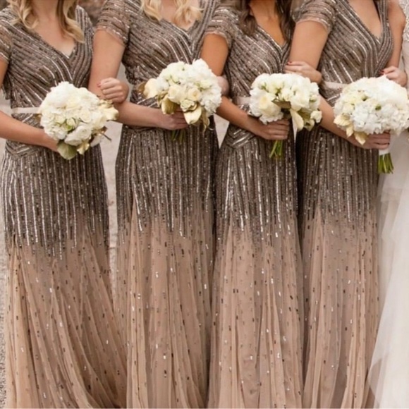 Adrianna-Papell beaded short sleeves V-Neck long evening Gown - Picture 2 of 16